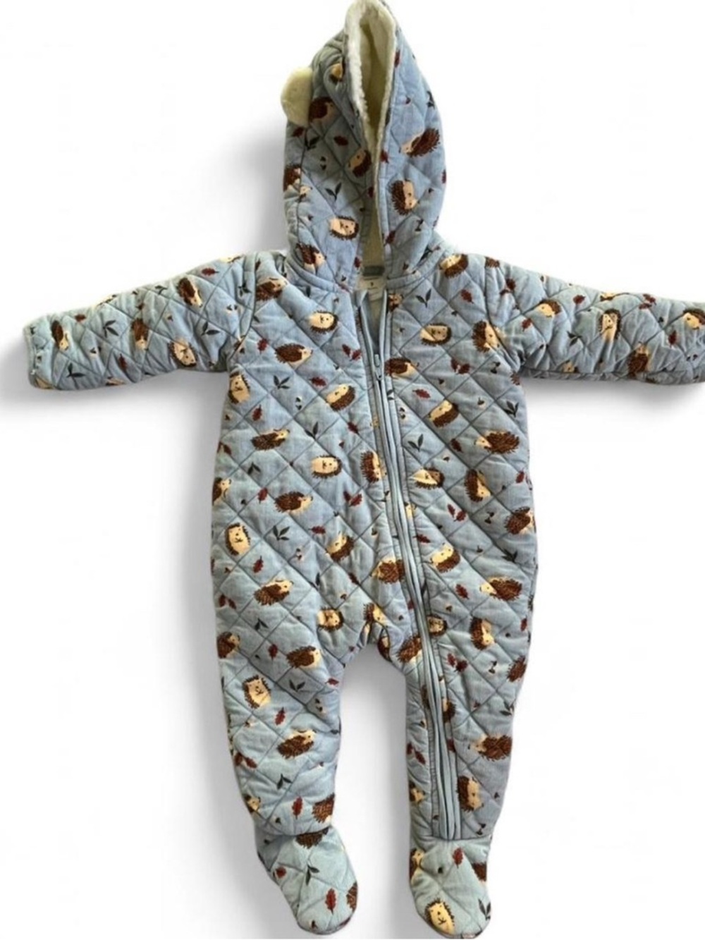 Nordstrom Light Blue Quilted Hooded One-Piece with Hedgehog Print